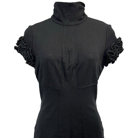 VTG Y2K Cache Contour Fitted Dress Ruffle Short Sleeve Turtleneck Knee Length 12 - Picture 2 of 16